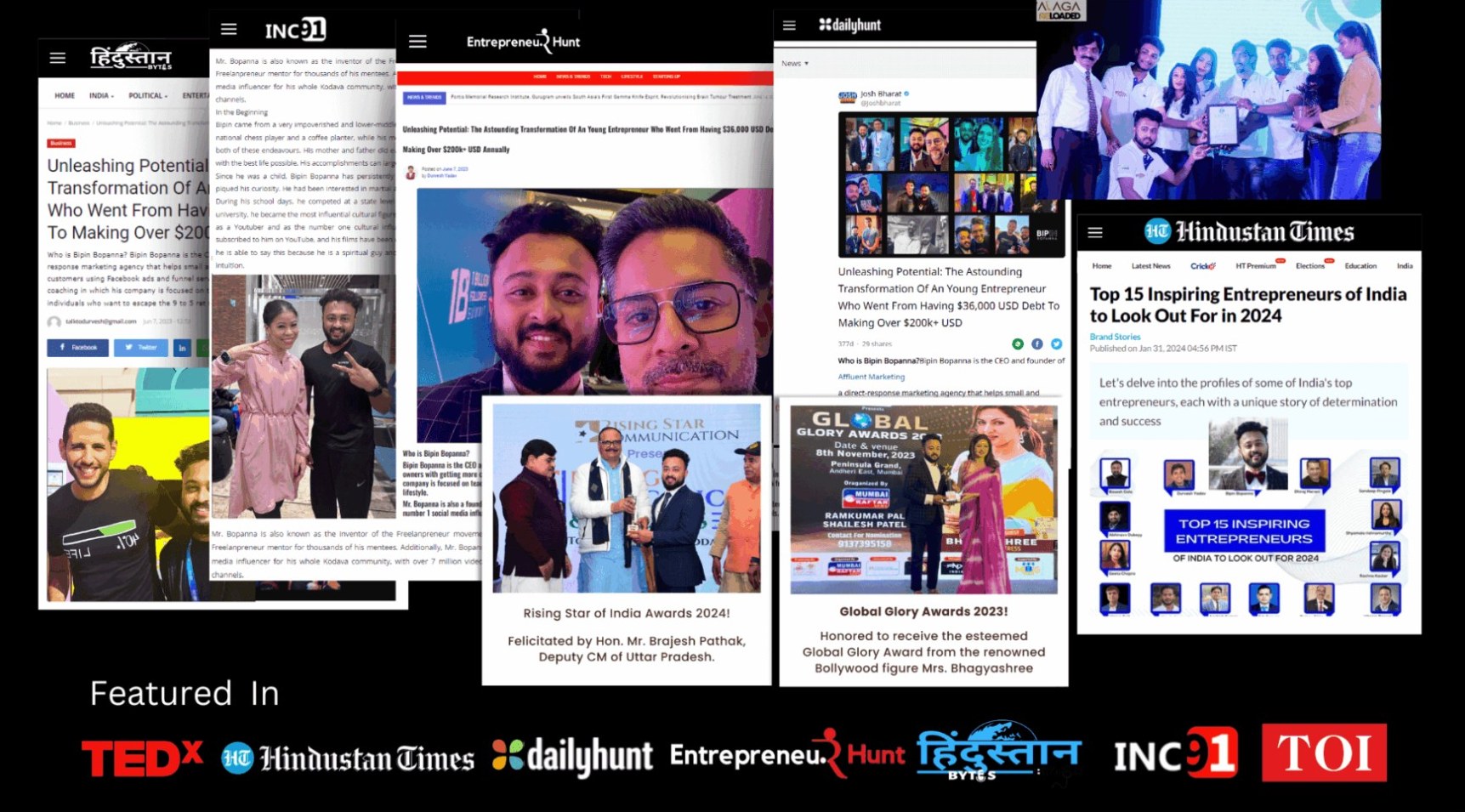 Press features: Hindustan Byte, INC91, Entrepreneur Hunt, Dailyhunt, Hindustan Times, TOI